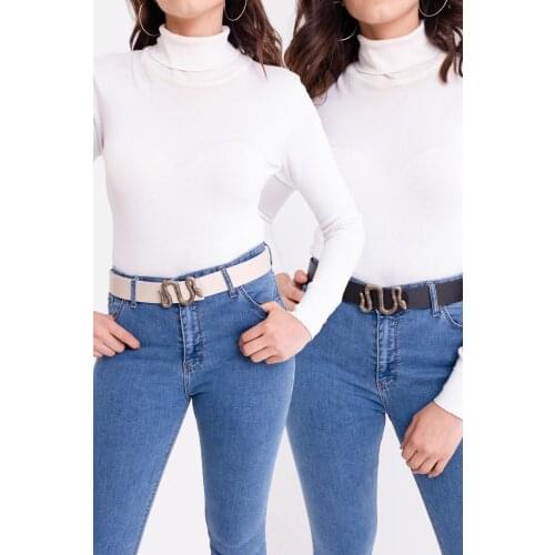 Womens Black Beige Snake Buckled Dual Belt