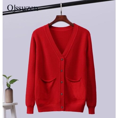 Spring Autumn V Neck Women Cardigan Knitted Red Sweater Coats Ladies Button With Pocket Woman Outwear Soft