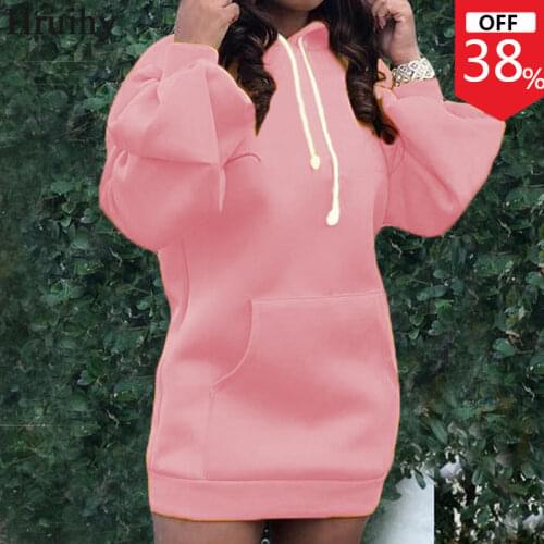 Women Dress Plus Size Solid Color Long Sleeve Hoodied Dresses Women Pockets Lacing Up Streetwear Homewear Autumn Dress Femme