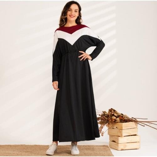 Women Casual Dress Color Block Drawstring Long Sleeve Maxi Loose Dresses Autumn