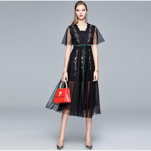 ZUOMAN Women Summer Elegant Mesh Dress Festa High Quality Embroidery Wedding Party Robe Femme Designer Pink & Black Vestidos