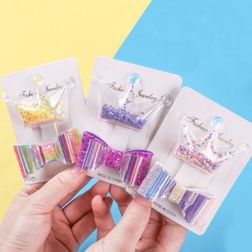 1 Pair Girls Glitter Hair Bow Clips Shiny Glossy PVC Mini Bows Children Barrettes Sweet Hairpin Rainbow Color Star Kids Hairgrip