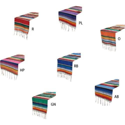 35x213cm Mexican Blanket Bright Rainbow Stripes Woven Table Runner Fringe Cotton Tablecloth Festival Party Home Table Decoration