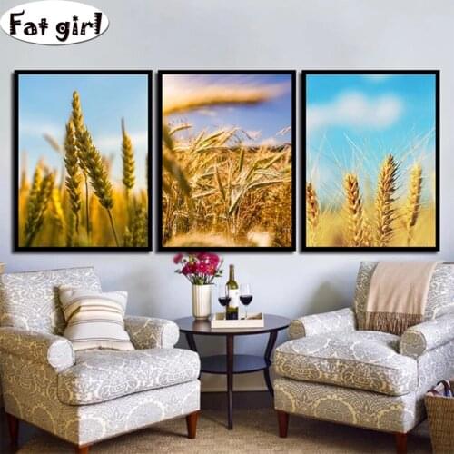 Golden wheat landscape DIY 5D Diamond Painting Plants Full Mosaic full Round Square Diamond Embroidery Triptych Home Decor