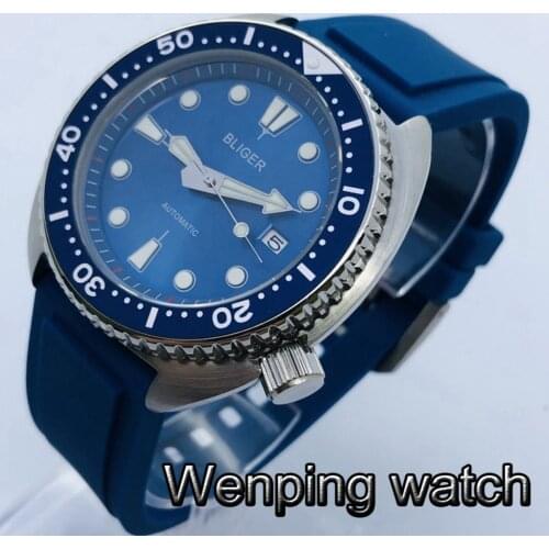 Bliger 45mm Silver Case Sapphire Glass Blue Dial C3 Luminous Waterproof Rubber Strap NH35 Movement Mens Top Automatic Watch