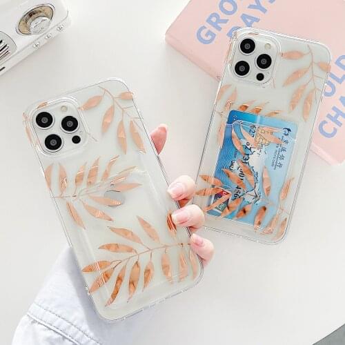 Card Holder Wallet Electroplated Leaves Phone Case For iPhone 11 12 Pro Max XS Max X XR 7 8 Plus Soft IMD Clear Shockproof Cover