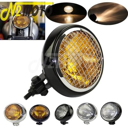 Bottom Install 5.7'' Headlight Motorcycle Daytime Running Light Vintageh Head Lamp Cafe Racer Headlamp w/ Mesh Grill Amber Lens