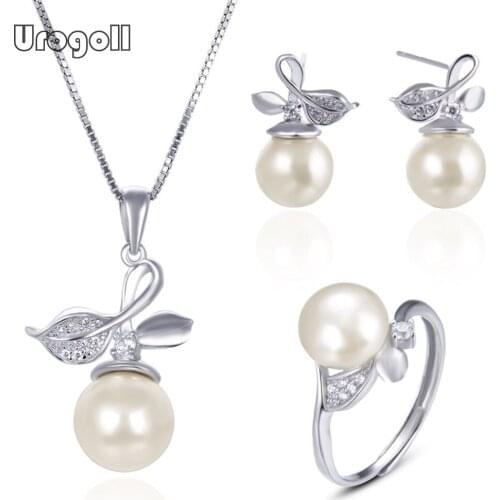 Classic Jewelry Set 925 Sterling Silver Jewelry Set Fashion Pearl Cubic Zirconia Necklaces/Stud Earrings/Ring For Woman Girl