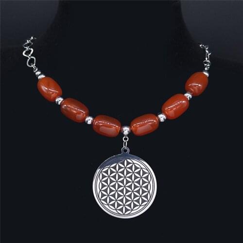 2021 Flower of Life Natural Stone Stainless Steel Chocker Necklace for Women Silver Color Necklace Jewelry collier femme NXS04