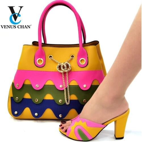 2021 Super High Heels Nigerian Shoes With Matching Bags Set Italian Womens Party Shoes and Bag Sets Yellow Color with Crystal