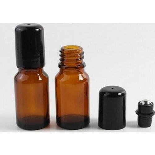Brown Glass Bottle Roll On Empty Fragrance Perfume Essential Oil Bottle 5 10 ML Roll-On Black Plastic Cap Bottle 500pcs