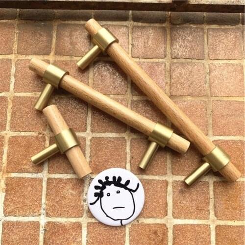 LCH Nordic Style Combinant of Brass and Beech Wood Hook Towel Holder Cupboard Door Pull Handle Color Adjustable Handle Knob