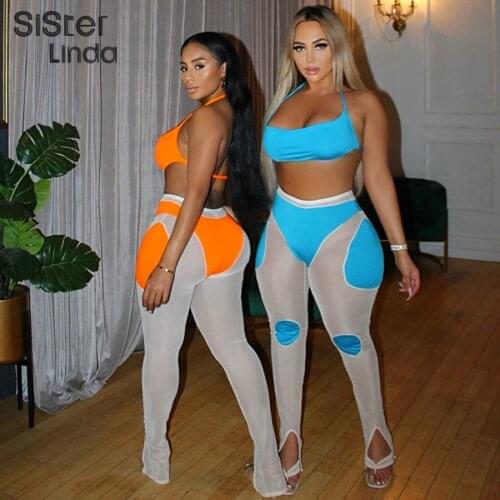Summer Mesh Patchwork Women 2 Piece Sets Lace Up Halter Crop Tops+Slit Pants See Through Sheer Party Clubwear Female Streetwear