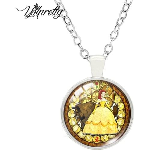 Disney the beauty and beast Belle Cartoon Paintings Glass Cabochon Necklace Fashion Necklace Pendants Jewelry