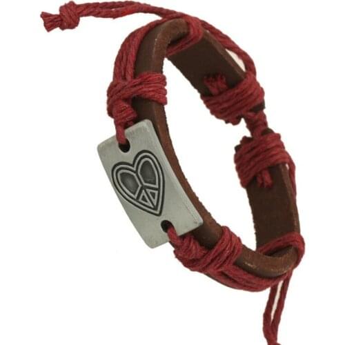 Vintage Fashion Peace Love Heart Bracelet Black Brown Genuine Leather Rope Charm Bangle Wrap Wristbands Women Men Retro Jewelry