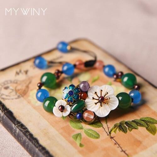 MYWINY Fashion nature stone Shell flower ethnic Bracelets, crystal vintage jewelry women,handmade Drip alloy cloisonne jewelry