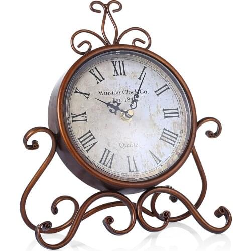 European Style Retro Wrought Iron Craft Table Clock Home Decoration Bronze Gold Mute Table Clock Handicraft Vintage Desk Clock