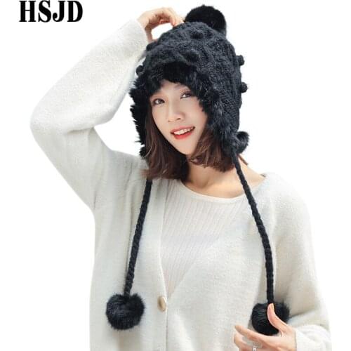 Real Fur Handmade Crochet Winter Womens Knitted Hats Warm Three Pompom Ear Protection Caps Skullies Beanies 2019 Female Fur Hat
