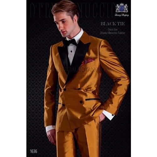 Latest Coat Pant Design Italian Gold Satin Men Suit Slim Fit Skinny 2 Piece Double Breasted Suits Tuxedo Custom Blazer Vestidos