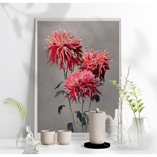 Three Red Chrysanthemum Poster, Modern Minimalist Flower Leaf Art Canvas Painting, Plant Foyer Living Room Wall Art Home Decor