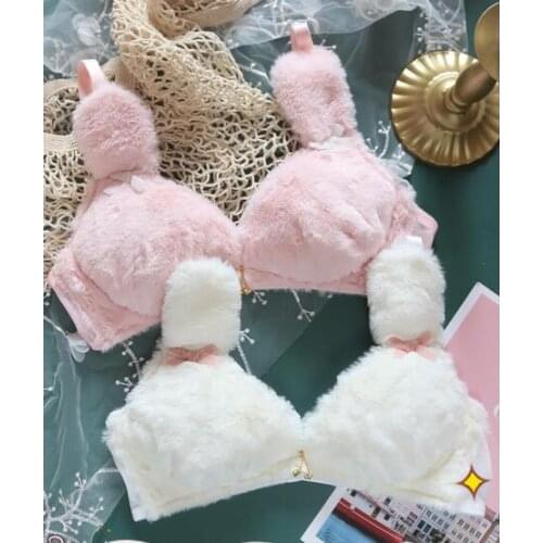 Plush Japanese no steel ring bra set, soft girl loli, girly heart rabbit, cute underwear, cute bra set, bow bra, rabbit ears bra