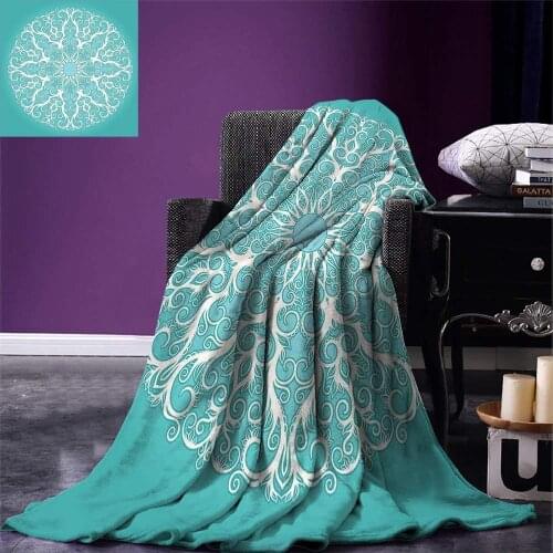Turquoise Throw Blanket Round Curving Tree Branches Pattern Infinite Circle Symmetrical Cuves Floral Design rectangle Blanket