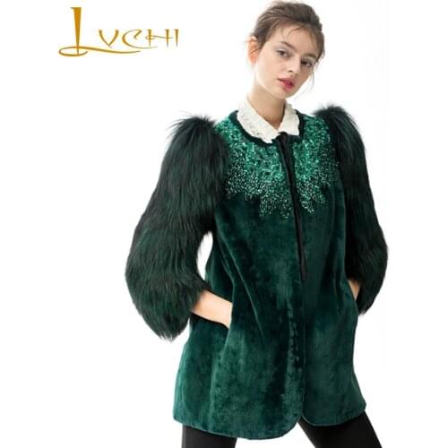 LVCHI Winter 2019 Natural Real Mink Fur Coat Womens Three Quarter Sleeve O-Neck Silver Fox Sleeve Loss Slim Medium Mink Coats