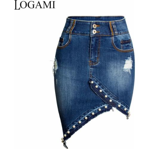 LOGAMI High Waist Denim Skirts Womens Irregular Pencil Skirt Woman Beading Sexy Bodycon Skirt