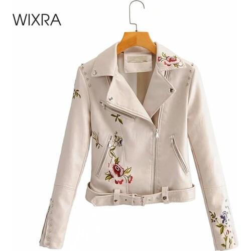 Wixra Womens Faux Leather Jackets Zipper PU Coat Embroidery Floral Print Solid Slim Jacket High Street 2020 Autumn Spring