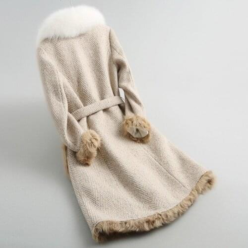 2020 Real Fur Coat Women Real Lamb Fur Liner Long Wool Blend Tweed Winter Jacket Big Natural Fox Fur Collar 18620 YQ1860