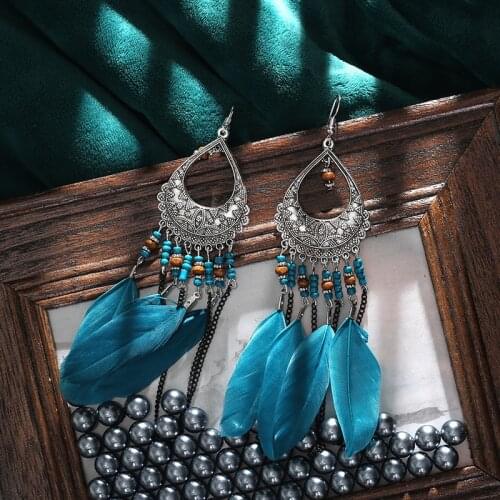 Summer Flower Alloy Blue Feather Ladies Earrings Beach Drop Earrings Wedding Bride Jewelry Oorbellen Hangers