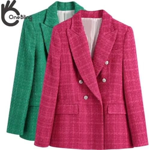 OneBling 2021 Za Women Casual Traf Coats Autumn Winter Ornate Buttons Tweed Woolen Long Blazers Female Thick Green Jackets