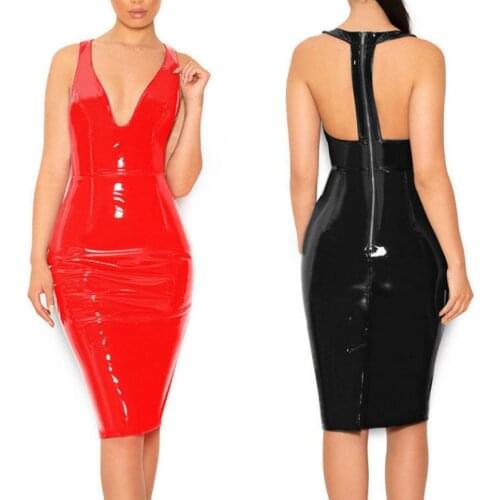 Women wetlook shiny Dress Exotic Dancewear Hot Deep V Dress Clubwear Faux Leather Sexy Lingerie Fetish Latex pvc Dress S-6XL