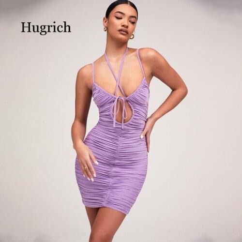 Womens New Solid Color Lavender Lace Up Chest Strap Open Back Slim Dress for Party Club