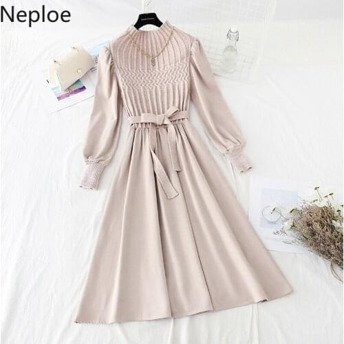 Neploe 2021 Autumn Winter Elegant Knitted Patchwork Women Dress Long Sleeve V-neck Bow A-line Slim Vintage Corduroy Dresses