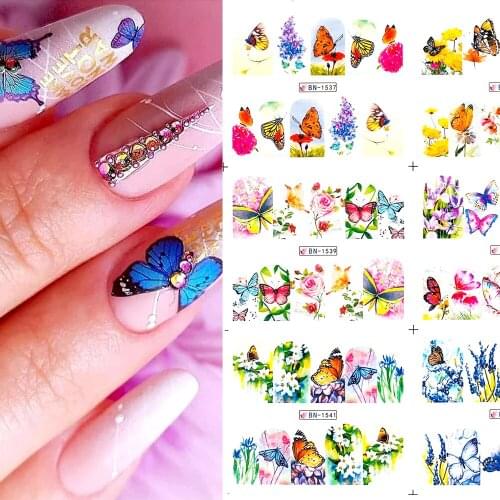 12pcs Nail Decals Butterfly Flower Designs Sliders Nails Art Water Transfer Stickers Manicure Decorations Foils Tattoo New
