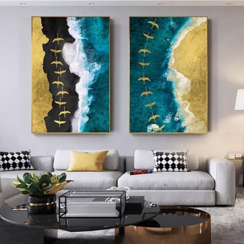 Abstract Painting Golden Ocean Waves Canvas Landscape Poster Sea Beach Seascape Print Modern Canvas Wall Art Decoration Picture