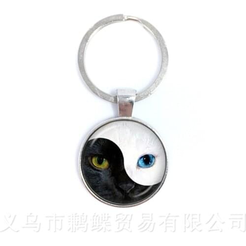 Chinese Yinyang Taichi Ba Gua Cat Eyes Keychains Black and White New Glass Dome Keyring For Men Women Jewelry