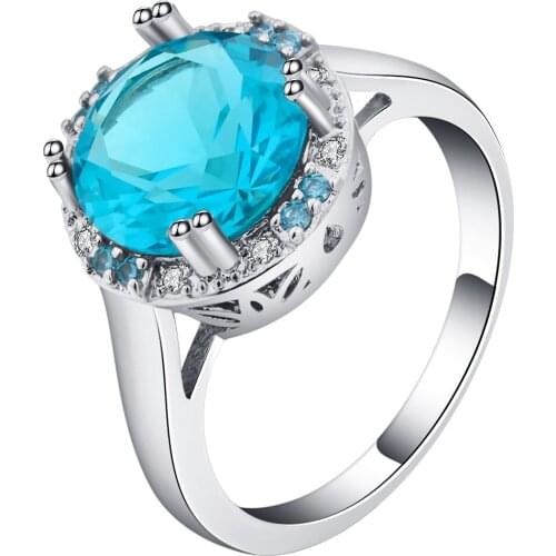 UFOORO Silver Color Elegant Blue Cubic Zircon Stone Wedding Rings Unique White Gold Filled Jewelry Charm CZ Wedding Rings Women