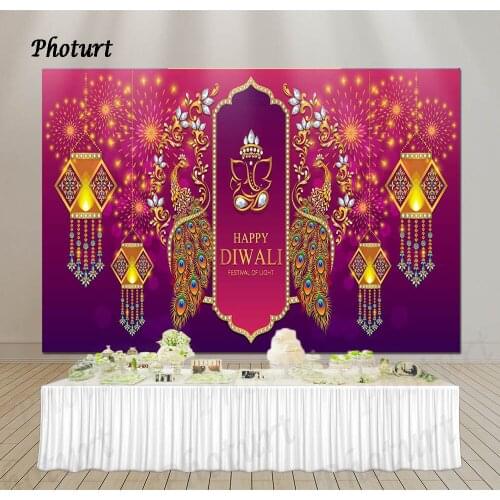 PHOTURT Happy Diwali Background Festival Decoration Photography Backdrop Gold Diya Patterned Crystal Banner Vinyl Decorate Props