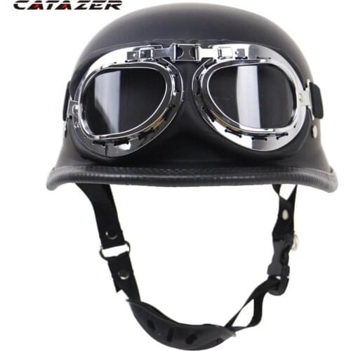 Classic Locomotive Retro Helmet German Helmet Motorcycle Helmet Outdoor Riding Bicycle Half Helmet with Glasses 5 Sizes Black