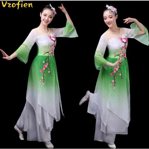 Classical Yangko Dance Performance Dress Elegant Fan Umbrella Folk Ancient Chinese Hanfu Dance Costume Adult Elegant Fairy Set