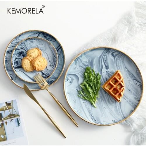 Creative Marbled Ceramic Plates Fruit Tray Cake Dishs Steak Plate Dinnerware Breakfast Plate Round Dish tableware Home Kitchen