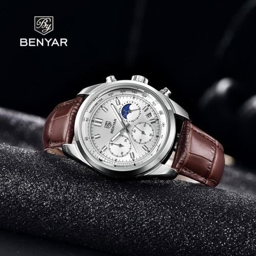 2021 Benyar New Leisure Brand Mens Fashion Quartz Watches Waterproof Leather Multifunctional Timing Calendar Code Meter Relogio