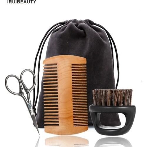 One Set Hot Sale Beard Kit Beard Brush Set Double-sided Styling Comb Scissor Repair Modeling Cleaning Care Kit for Men