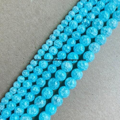 Natural Stone Lake Blue Color Dyed Snow Cracked Crystal Round Loose Beads 15" 4 6 8 10 12MM Pick Size For Jewelry Making DIY