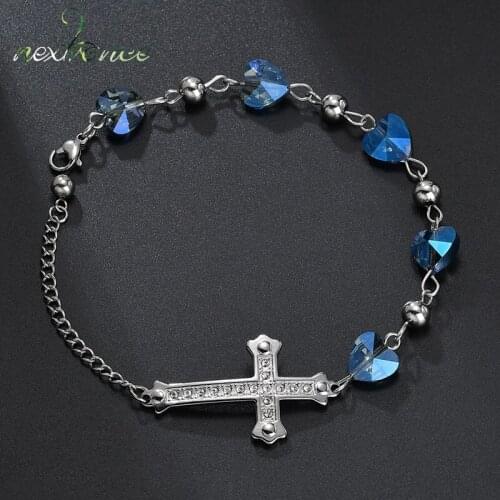 Nextvance Rhinestone Cross Side Pendant Bracelets Blue Heart Silver Color Beads Tassel Bracelet Female Girl Lovely Gift Bijoux