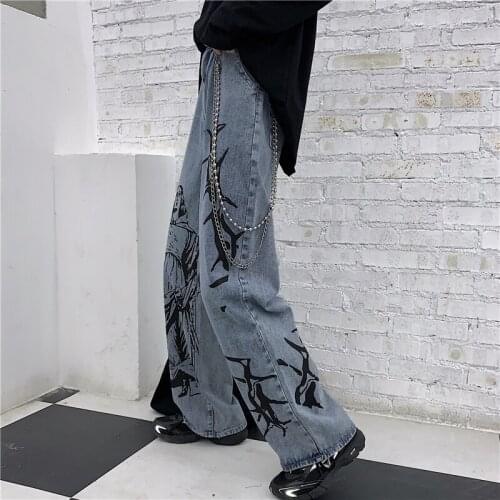 New Women Summer Fashion Ins Street Hip-hop Printed Jeans Loose Casual Denim Wide-leg Pants