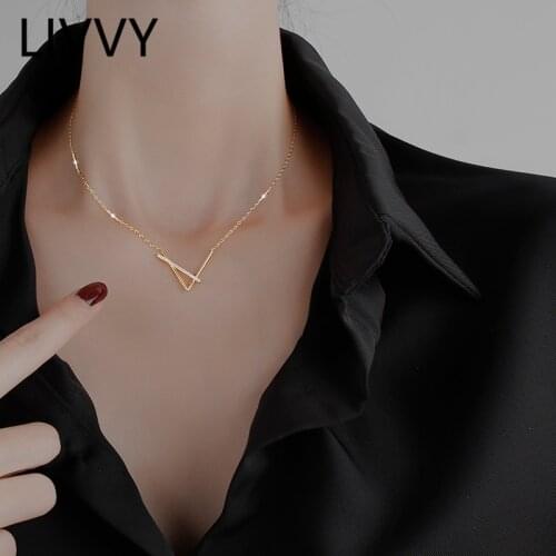 LIVVY Silver Color Simple V-Shaped Geometric Clavicle Chain Necklace For Women & Girls Party Zircon Jewelry Gift