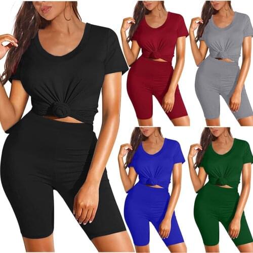 S-2XL women summer clothing 2021 two piece set solid casual simple short sleeve top and short outfit Wholesale Dropshipping